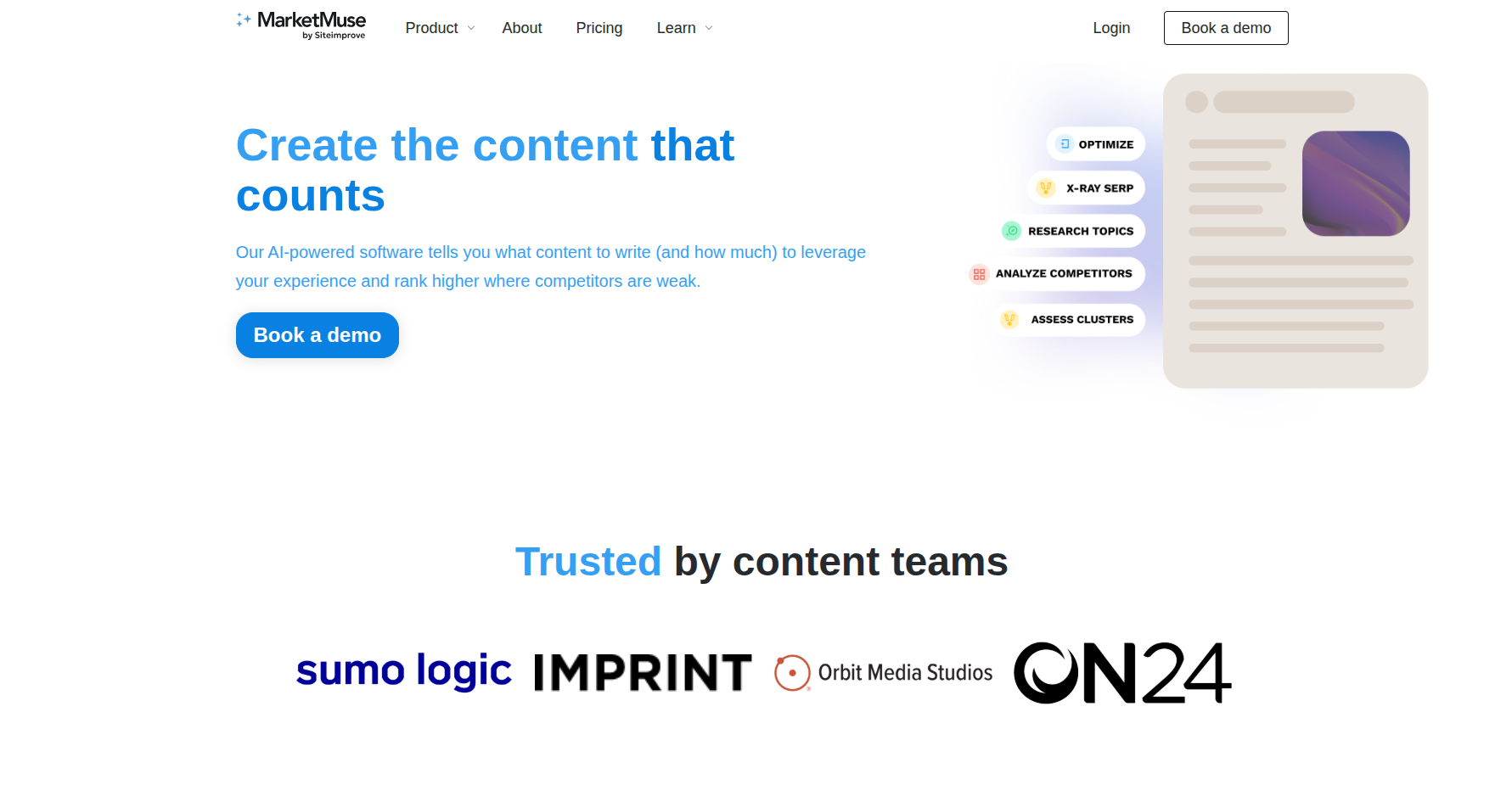 MarketMuse homepage showing